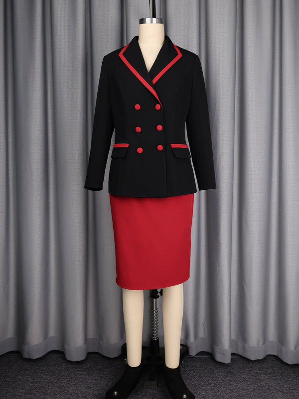 Color Block Slim-Waist Suit & Skirt Two-Piece Set for Career Wear
