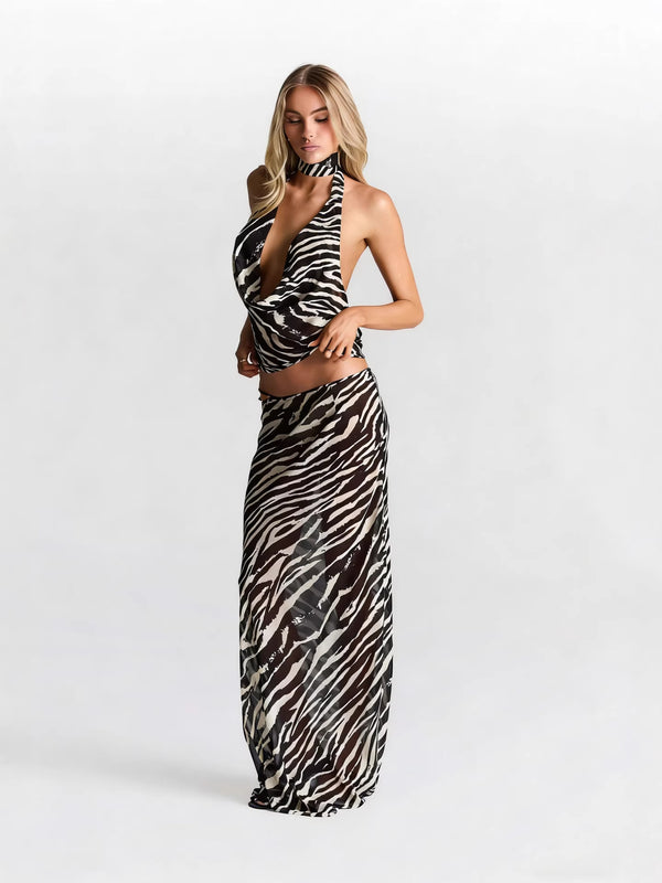 Zebra Print Sleeveless Halter Lace-Up Skirt Two-Piece Set