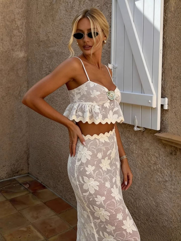 Lace Embroidery See-Through Two-Piece Set for Holiday Wear