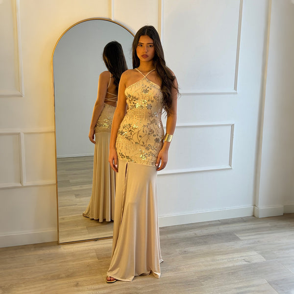 Sequin Lace-Up Sleeveless Slit Maxi Dress for Evening Gowns