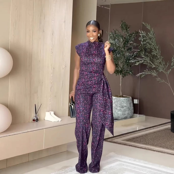 Stand Collar Plaid Sleeveless Pleated Top & Printed Wide-Leg Pants Set for Casual Wear