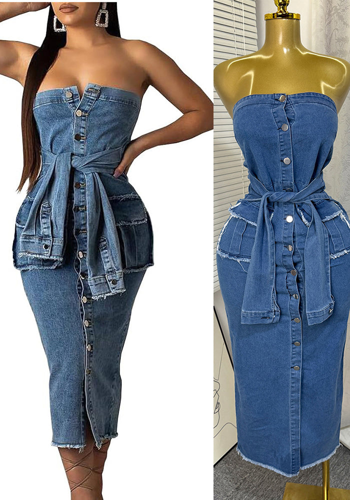 Strapless Pocket Bodycon Denim Dress for Summer Casual