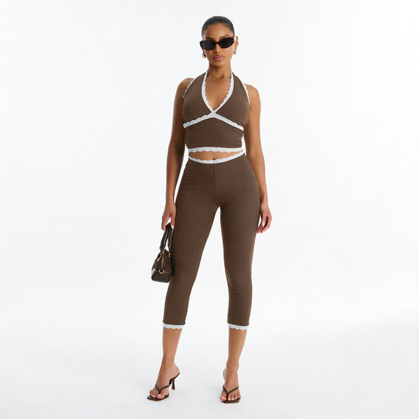 Halter Neck Lace-Up Backless Tie-Waist Top & Capri Pants Set for Summer