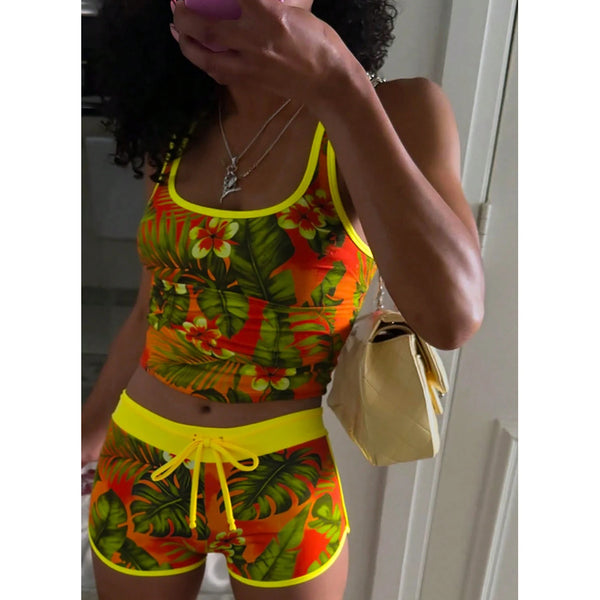 Tropical Leaf Print High Waist Square Leg Swimsuit for Summer