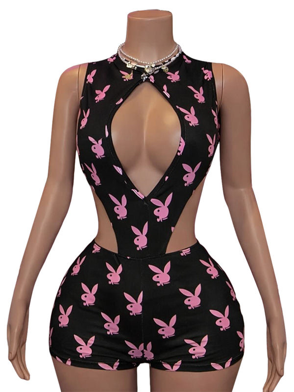 Printed Hollow-Out Tie-Side Bodysuit & Shorts Set for Beachwear