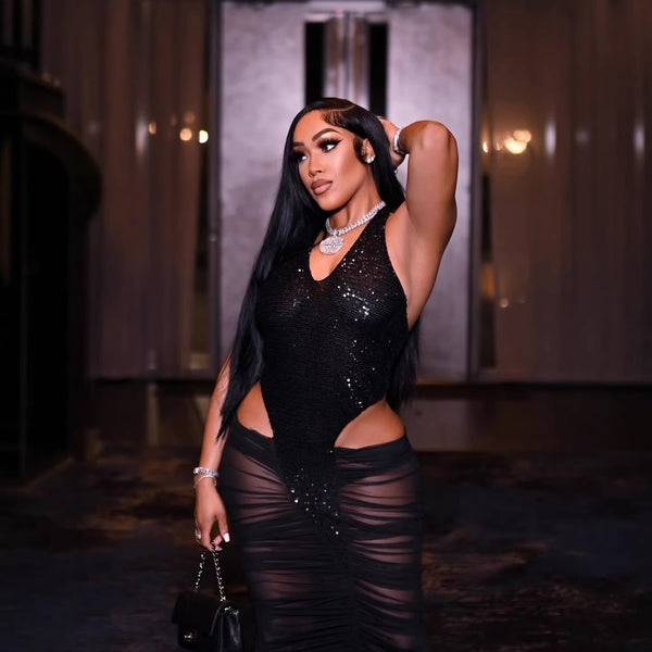 High Split Mesh Patchwork Ruched Sequin Halter Evening Dress