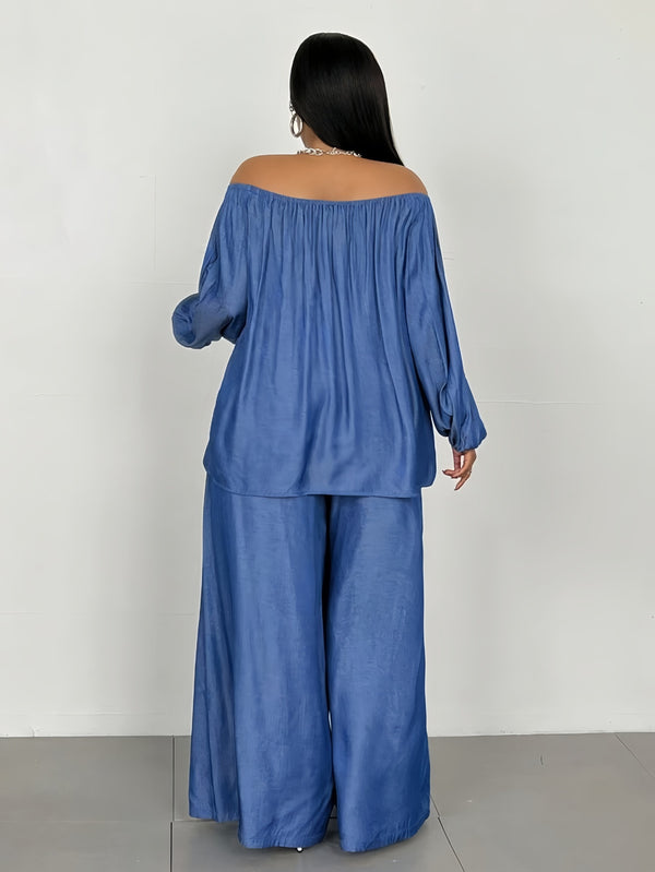 Ruched Ruffled Long-Sleeve Top & Pants Two-Piece Set for Summer Casual