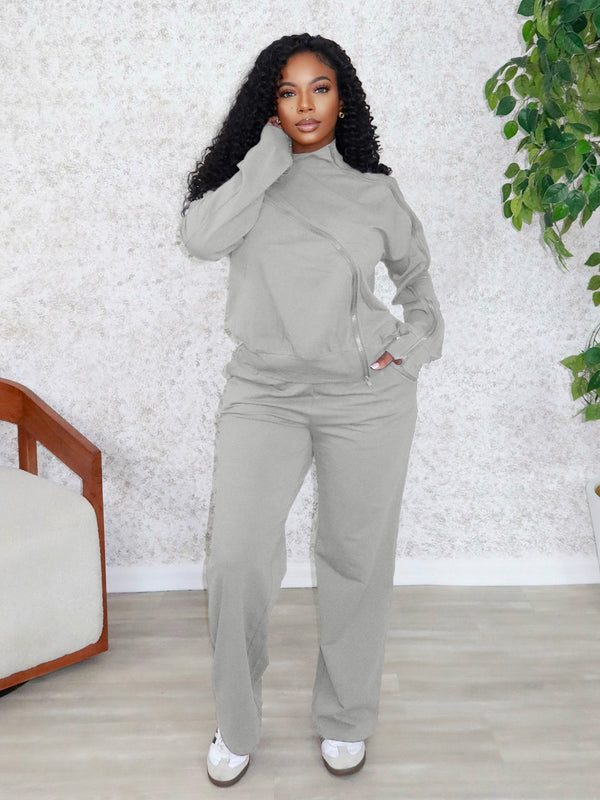 Off-Shoulder Zipper Long-Sleeve Top & Wide-Leg Pants Set for Casual Wear