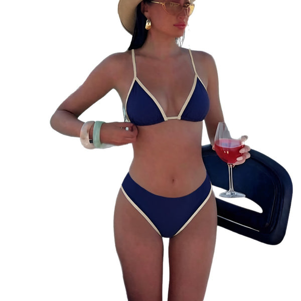 Color Block Binding Cross Lace-Up Thong Two-Piece Swimsuit