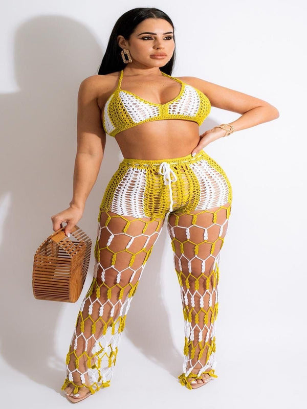 Color Block See-Through Hollow-Out Crochet Fishnet Pants Two-Piece Set for Beachwear