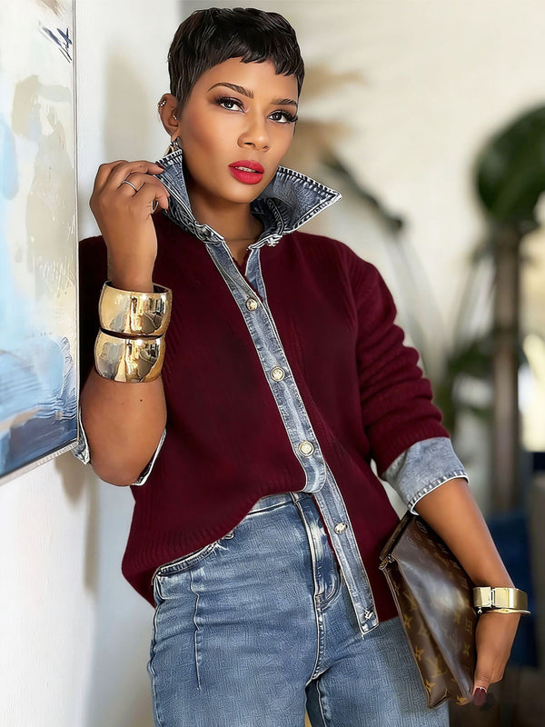 Patchwork Faux Two-Piece Denim Collar Button Knit Top