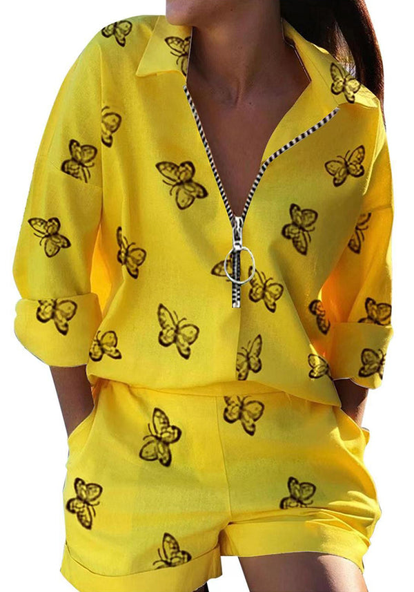Printed Zipper Shirt & Shorts Two-Piece Set for Casual Wear