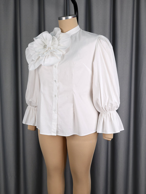 Plus Size Floral Rhinestone Puff Sleeve Ruffle Top for Evening Wear