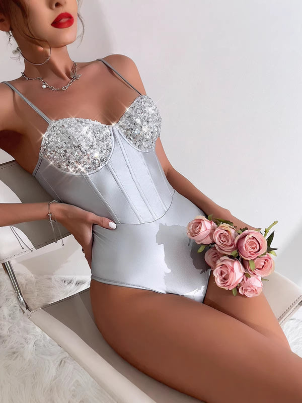 Shiny PU Leather Sequin Spaghetti Strap Backless Bodysuit for Club Wear