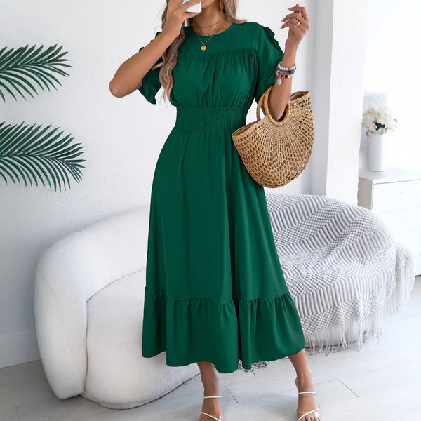 Women ruffle edge short-sleeved maxi dress