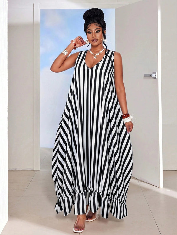 Striped Ruffle Edge Sleeveless Maxi Dress for Summer Beach Holidays