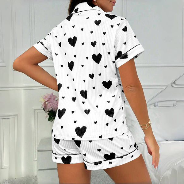 Women Turndown Collar Short-Sleeved Top and Shorts Two-Piece Set