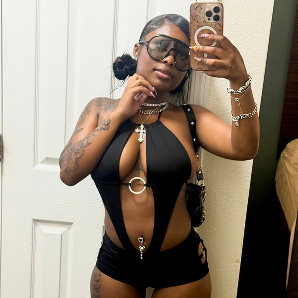Solid O-Ring Cut-Out Halter Jumpsuit for Spring Clubwear