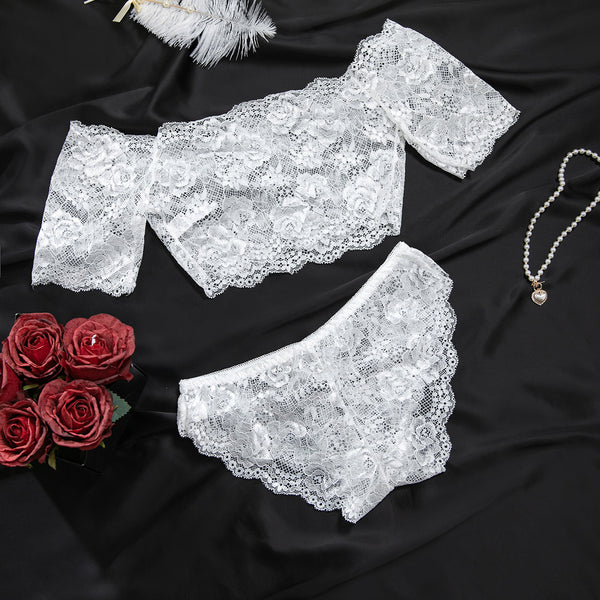 White Off-Shoulder Lace Top & Panties Lingerie Set