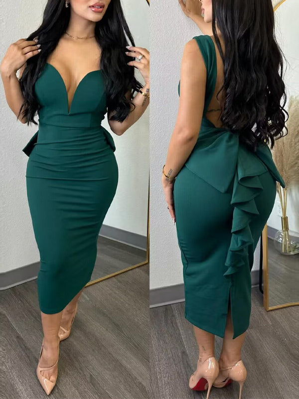 Women Elegant Solid Backless V Neck Bow Stretchy Slit Dress