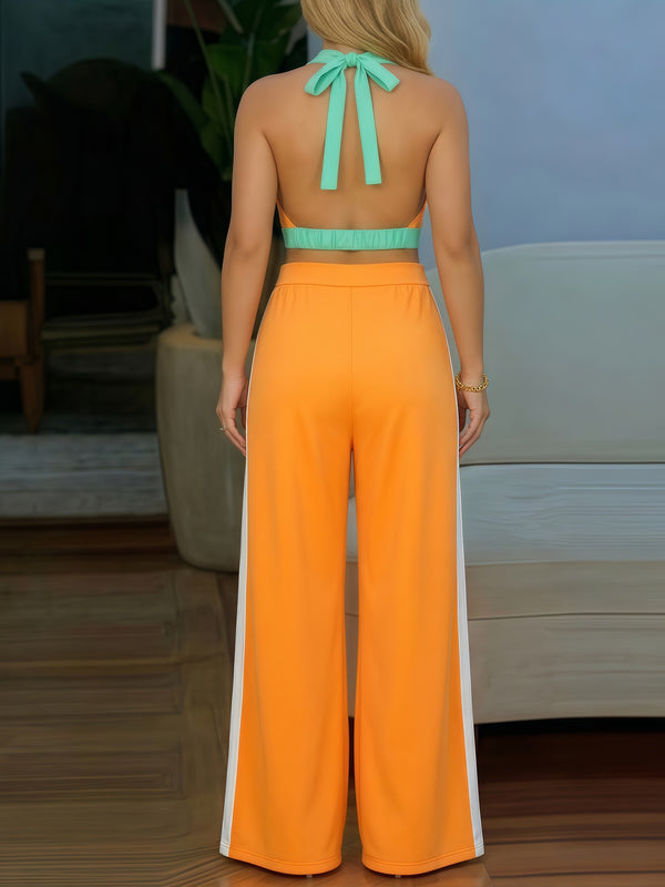 Color Block Halter Low Back Top & High Waist Wide Leg Pants Set for Casual Wear