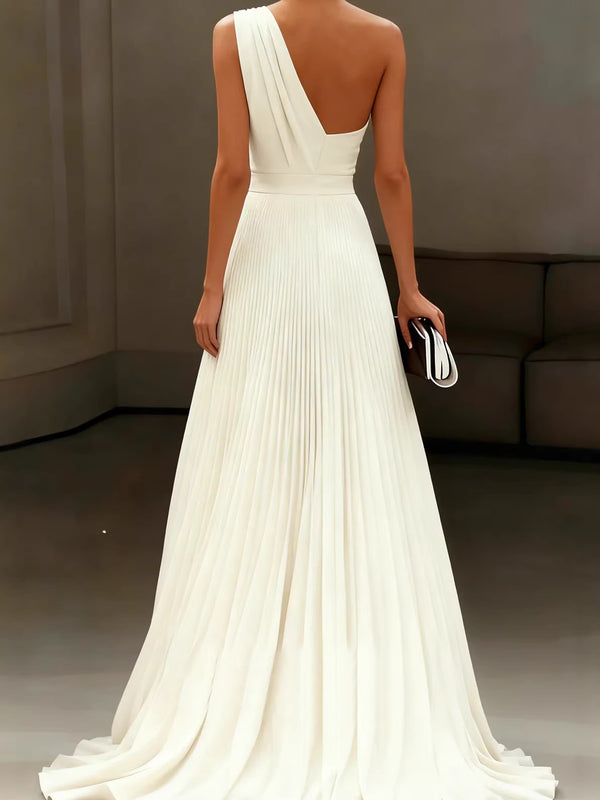 One-Shoulder White Pleated Maxi Dress for Summer Evening Events