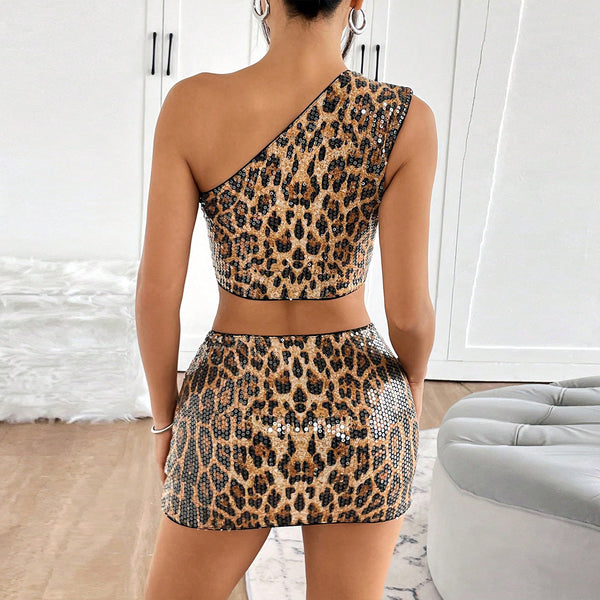 Women's Leopard Sequin One-Shoulder Crop Top & Mini Skirt Two-Piece Set