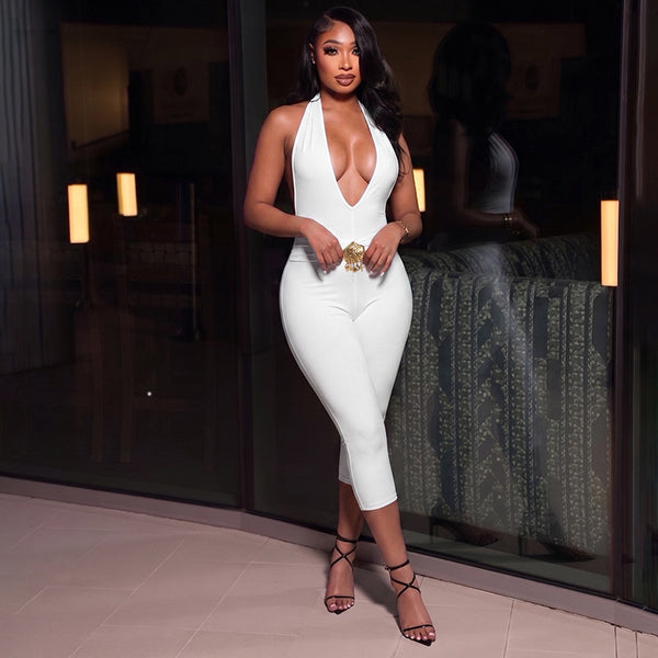 V-Neck Halter Lace-Up Cropped Jumpsuit for Summer