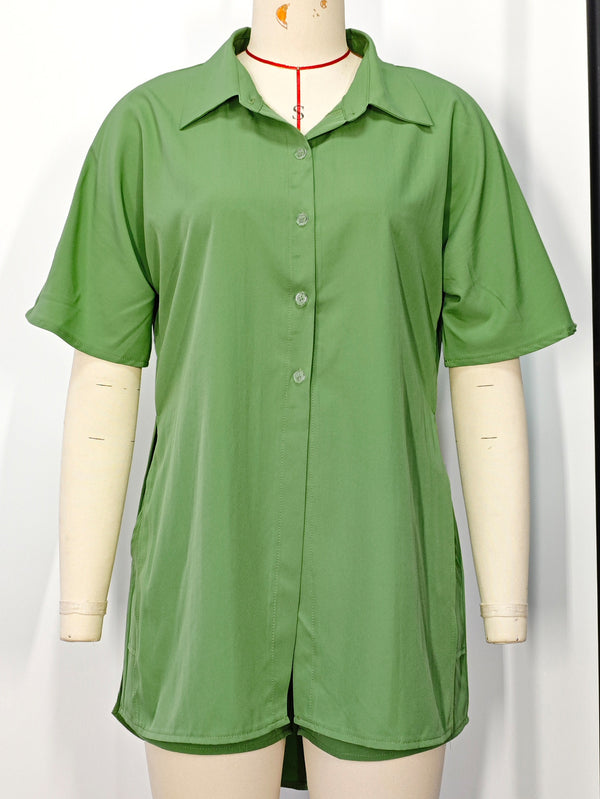 Summer Women's Turndown Collar Short Sleeve Shirt & Pocket Shorts Two-Piece Set