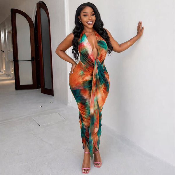 Printed Color-Block Halter V-Neck Sleeveless Bodycon Dress for Holidays