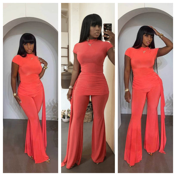 Ruched Ribbon Short Sleeve Top & Flared Pants Two-Piece Set