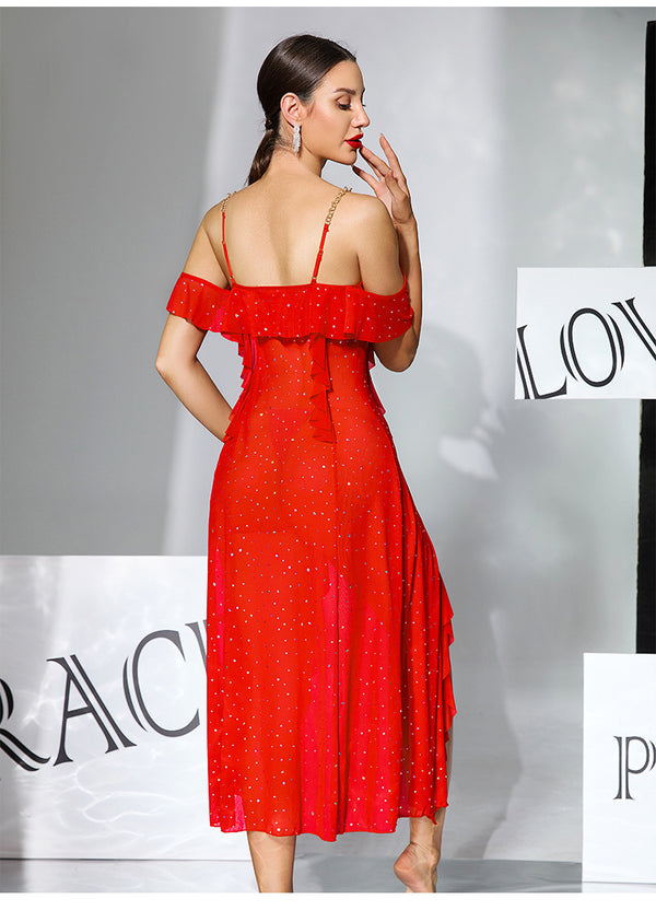 Women multi-color mesh rhinestone off-shoulder V neck ruffle slit see-through maxi dress