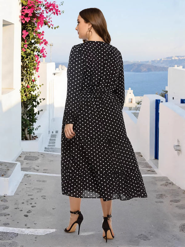 Plus Size Polka Dot V-Neck Long Sleeve Midi Dress