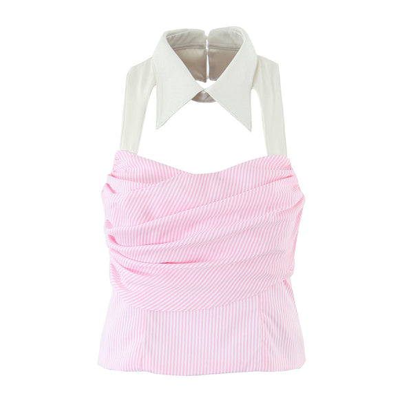 Pink Striped Turndown Collar Camisole & Bud Skirt Set for Summer