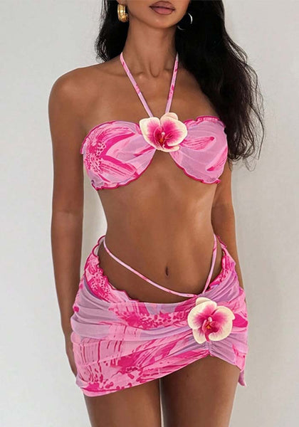 Women Printed Backless Halter Neck Bikini Swimwear Three-Piece