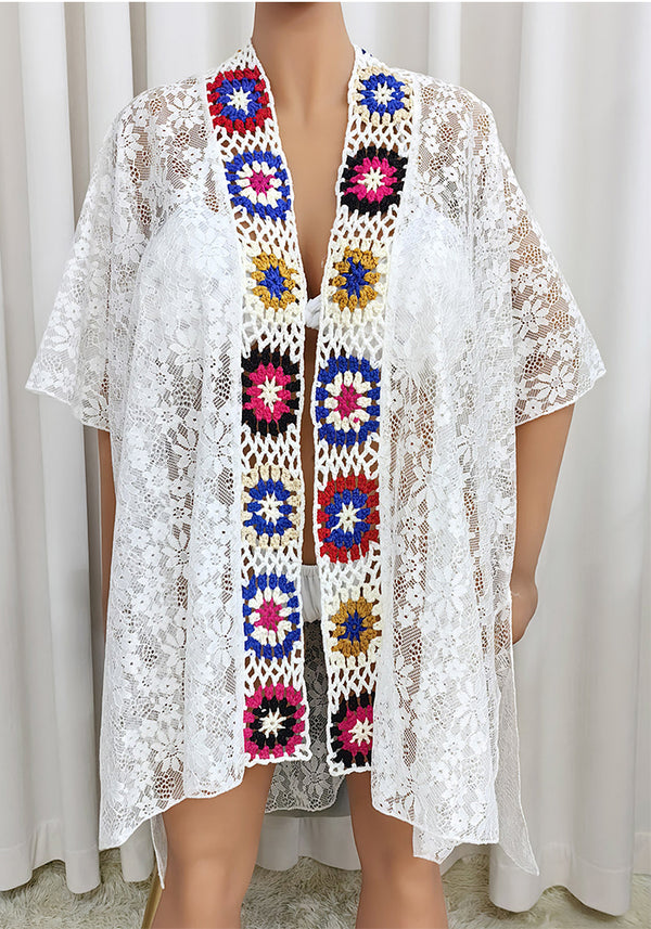 Women Patchwork Lace sexy See-Through beach Cover-Up Blouse