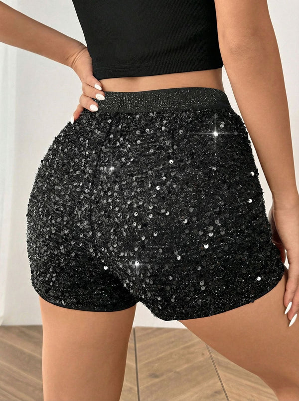 Black Sequin High Waist Tight Fitting Bodycon Shorts for Party Wear