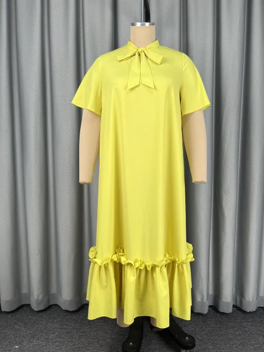 Plus Size Yellow Lace-Up Stand Collar Short-Sleeve A-Line Ruffle-Hem Dress