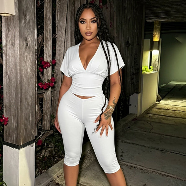 Solid V-Neck Ruffled Short Sleeve Top & Tight Fitting Capri Pants Set