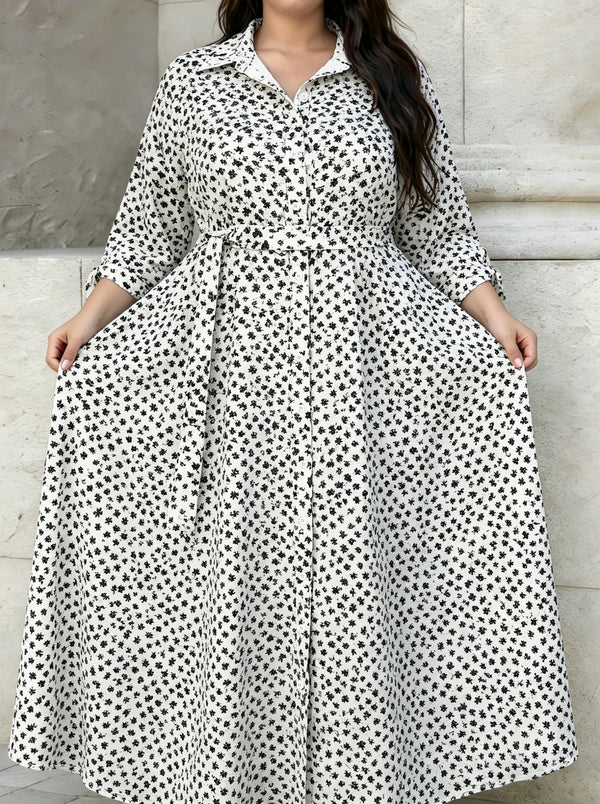 Plus Size Printed Turndown Collar Long Sleeve Shirt Dress for Casual Office Wear