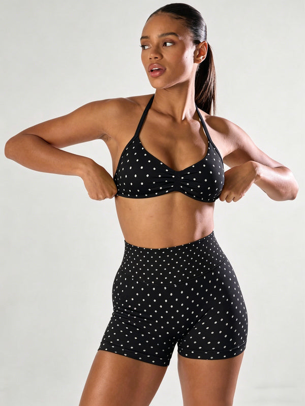 Polka Dot Halter Tank Top & Seamless Yoga Tracksuit for Activewear