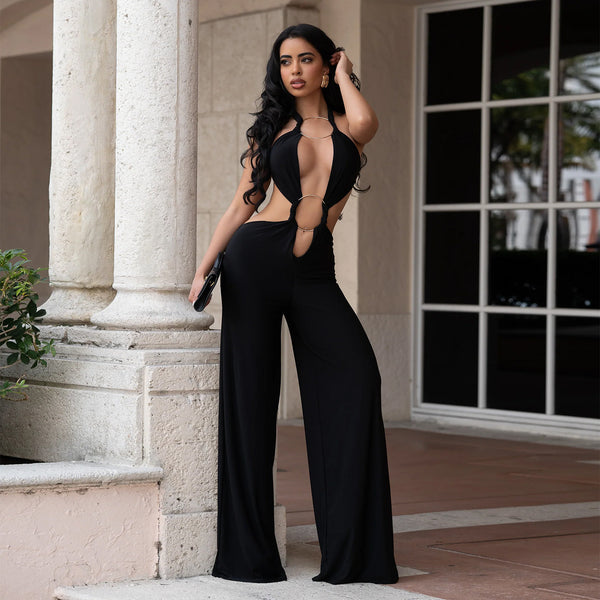 Solid Tie Low Back Bodycon Jumpsuit for Evening Wear