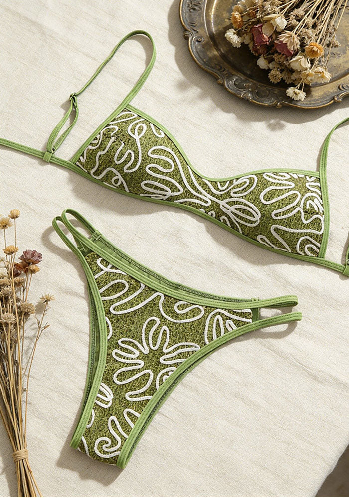 Olive Green Textured Adjustable Strap Two-Piece Bikini Swimsuit