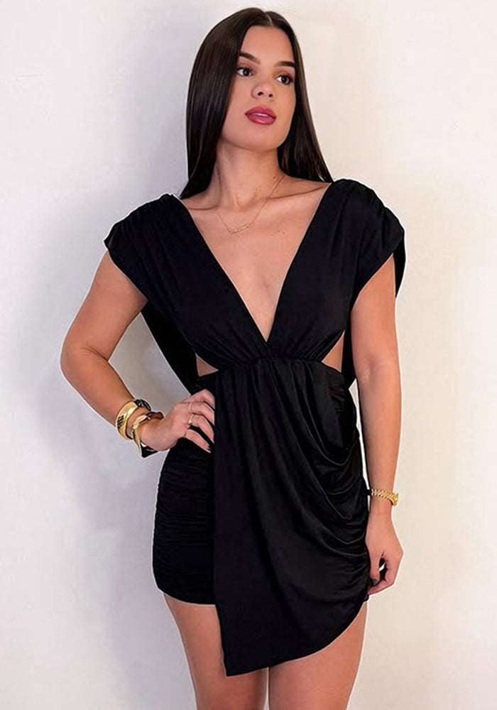 V-Neck Sleeveless Hollow-Out Ruched Dress for Spring Evenings