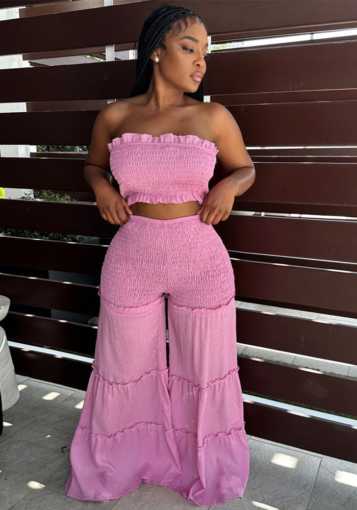 Ruffle Strapless Two-Piece Pants Set for Evening Parties