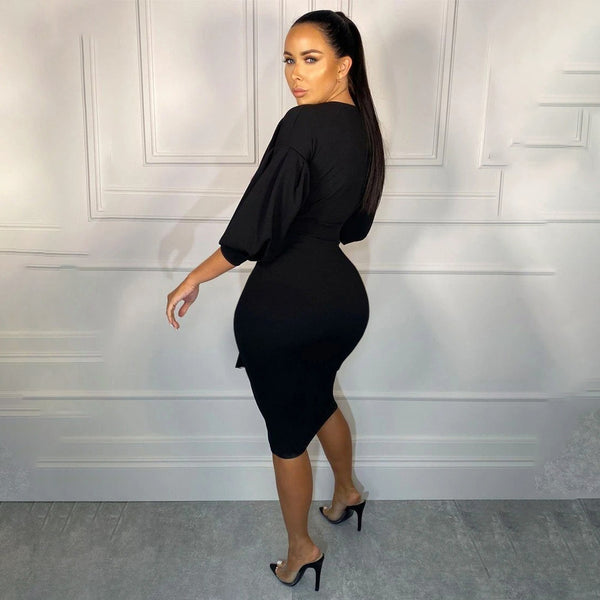 Lantern Sleeve V-Neck Off-Shoulder Bodycon Dress for Career Wear