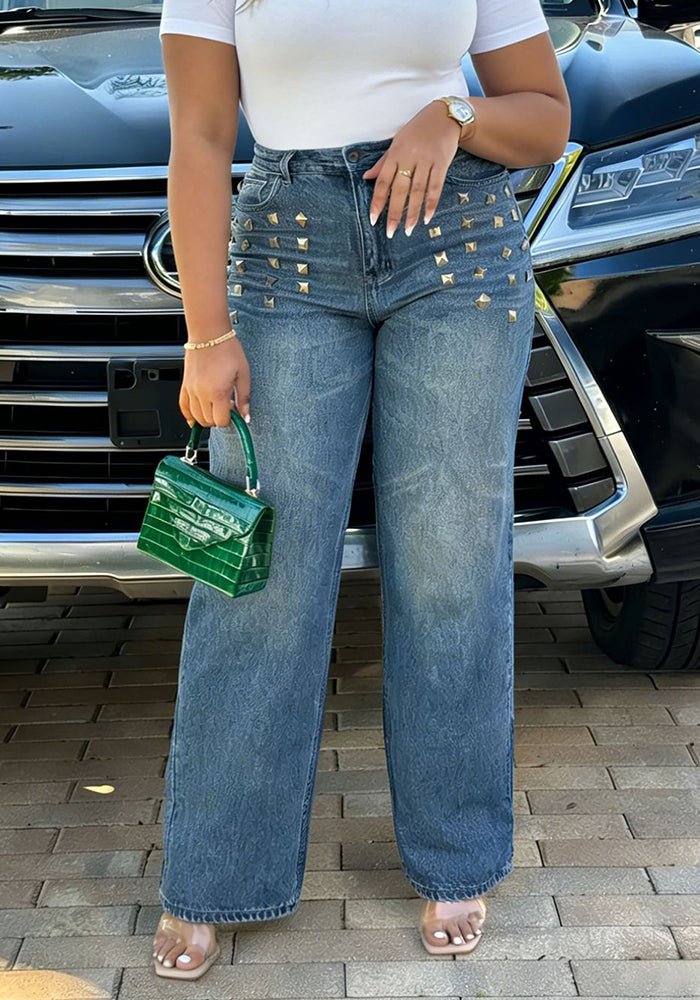 Studded Straight Denim Jeans for Casual Streetwear