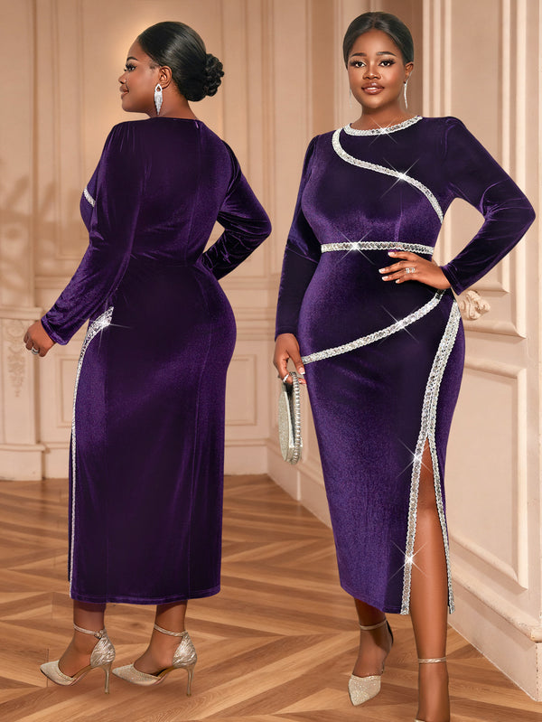 Plus Size Velvet Sequin Side-Slit Formal Dress for Evening Parties