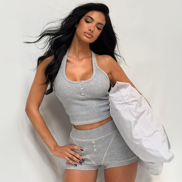 Halter Neck Slim Fit Two-Piece Shorts Set for Spring