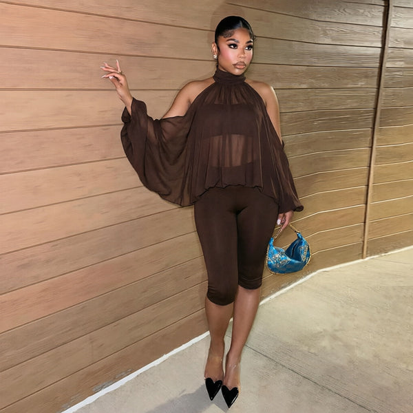 Off-Shoulder Strapless Top & Capri Pants Three-Piece Set